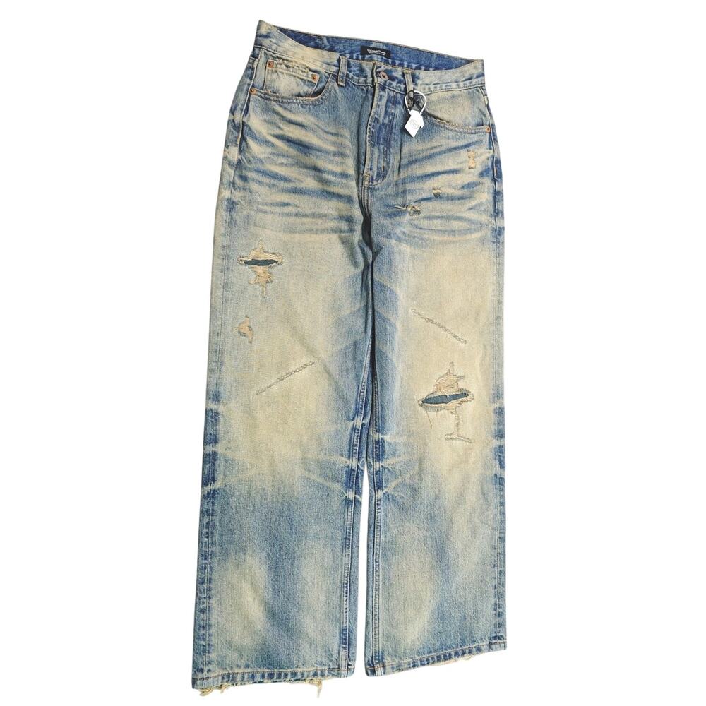 Vintage Faded Wash Distressed Ripped Wide-leg Baggy Denim Jeans Pants Blue sz 31 - Picture 2 of 16
